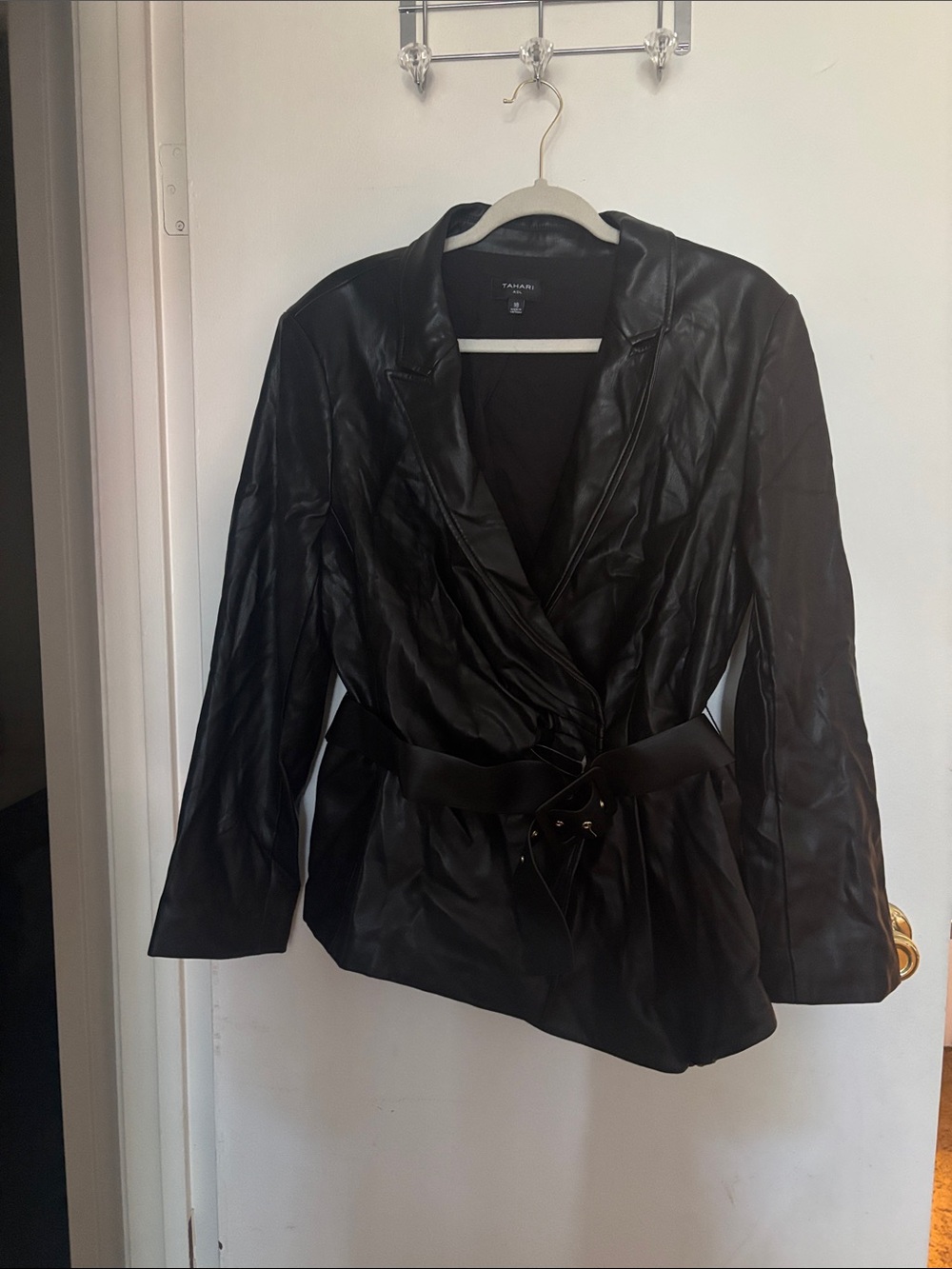 Tahari Black Faux-Leather Belted Blazer
